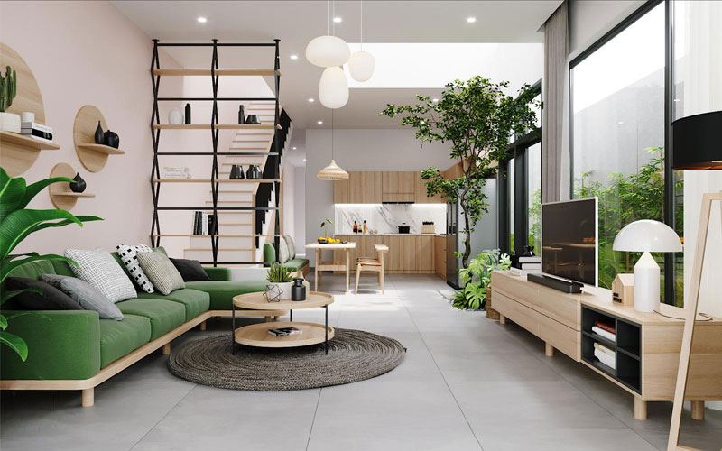 Trang trí nội thất phòng khách theo phong cách mái thái giúp tăng thêm vẻ đẹp cho căn nhà của bạn. Được trang bị đầy đủ tiện nghi như bàn sofa, tivi và đồ trang trí giúp tạo ra không dạt cá nhân hóa độc đáo cho không gian của bạn.