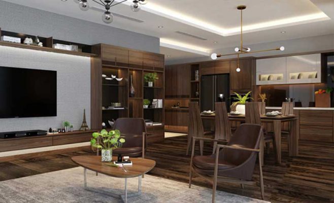 Thiết kế nội thất phòng khách gỗ công nghiệp tại Phổ Yên Thái Nguyên