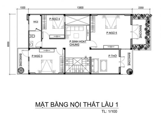 Nhà 2 tầng mái thái 5 phòng ngủ