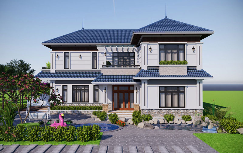 Thiết kế nhà vườn mái thái chữ L 2 tầng tại Mê Linh Hà Nội - Thiết Kế Kiến Trúc | Thi Công Xây Dựng | Thiết Kế Thi Công Nội Thất