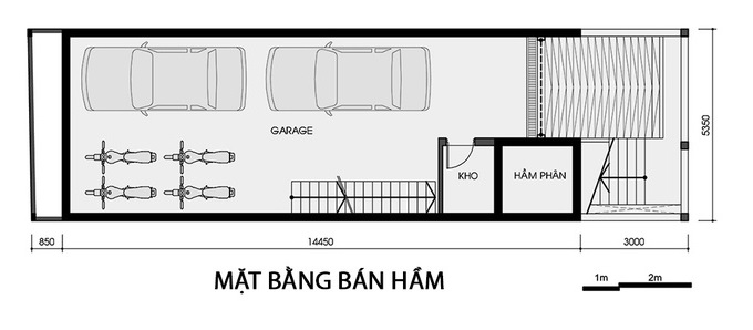 Mặt bằng tầng âm trong nhà phố 3 tầng