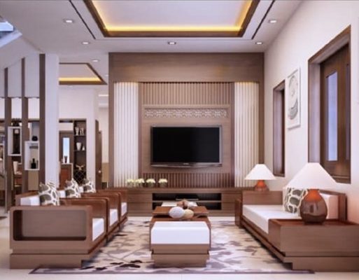 Phòng khách đơn giản với nội thất gỗ 