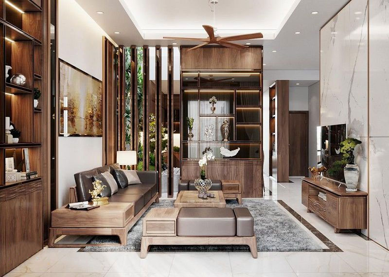 Thiết kế nội thất phòng khách với gỗ tự nhiên