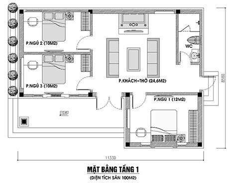 Thiết kế nhà cấp 4 chữ L 100 m2