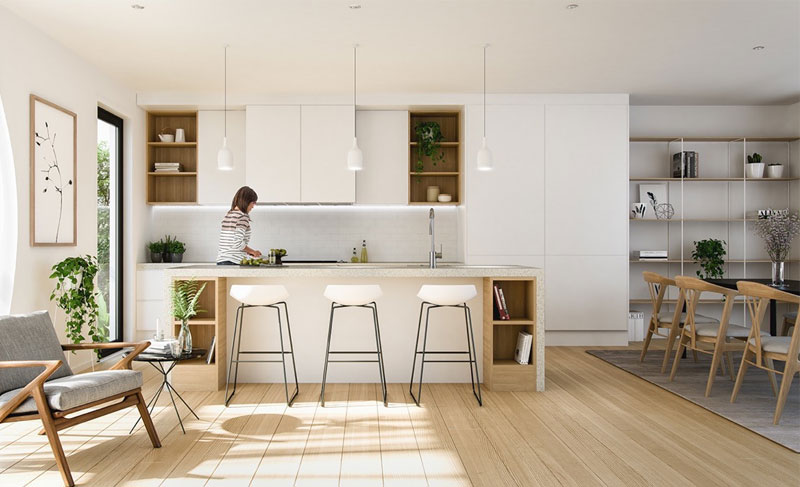 Thiết kế nội thất nhà bếp chung cư tối giản